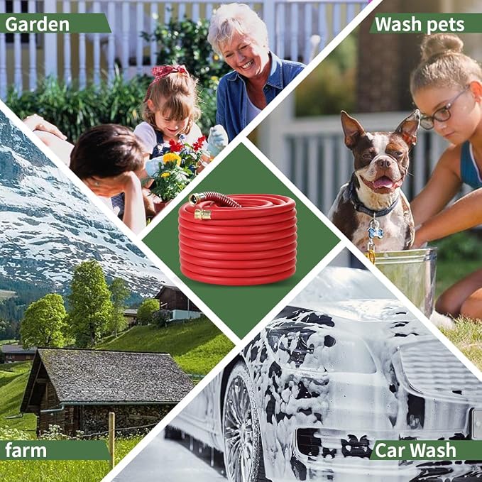 Guitrees 90FT 5/8 Heavy Duty Rubber Garden Hose - 300psi Working, 1000psi Burst - Hot/Cold Water - Five-Layered Braiding for Durability - Versatile for Gardening, Agriculture, Construction(Red)