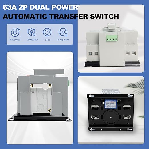 220V Automatic Transfer Switch, Dual Power 2P 63A CE Certified ATS Generator Changeover Switch 50Hz/60Hz, White