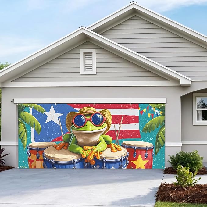 7 * 16FT Summer Puerto Rico Garage Door Cover Decorations Sunset Palm Trees Garage Door Banner for Outdoor Indoor Summer Party Photography Backdrop