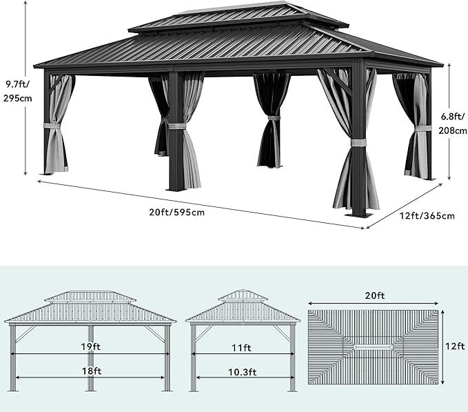 YITAHOME 12X20FT Hard Top Metal Gazebo Patios Double Roof Canopy Aluminum Frame Garden Gazebo Tent Curtains Netting for Patios Backyards Decks Lawns Gray