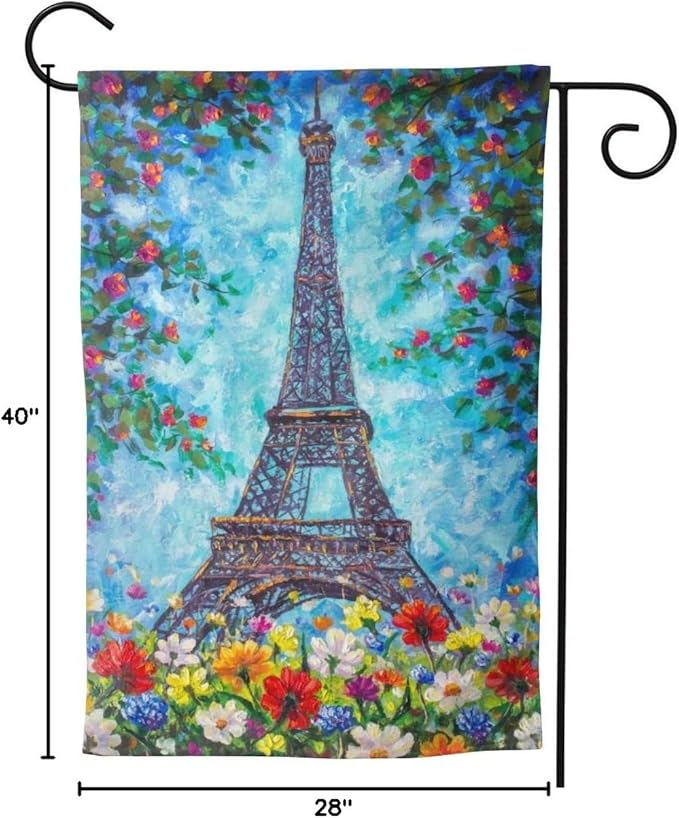 Delerain Eiffel Tower Spring Flowers Garden Flag, 28 x 40 Inch Double Sided Design Weather Resistant Indoor & Outdoor Decoration Small Banner For Home Yard Lawn Patio Office