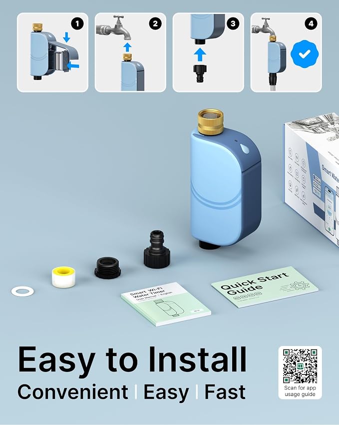WiFi Water Timer for Garden Hose, Smart Sprinkler Controller with Heavy-Duty Brass Inlet & Flow Meter, No Hub Required, App Control Rain Delay Outdoor Hose Valve