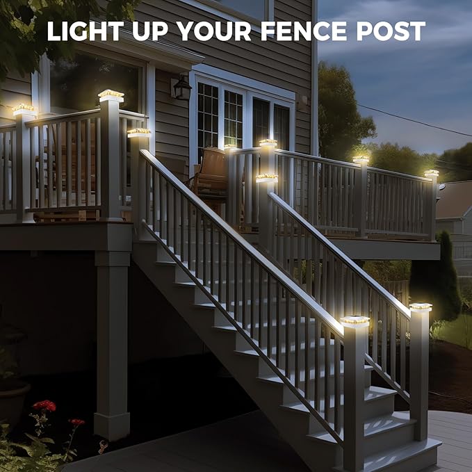 Peasur 4x4 Solar Post Cap Lights Outdoor with 3 Modes, 20 Packs White Fence Light Solar Powered Waterproof, Wood/Vinyl Post Top Lights for Deck Yard Garden Patio Porch Outside