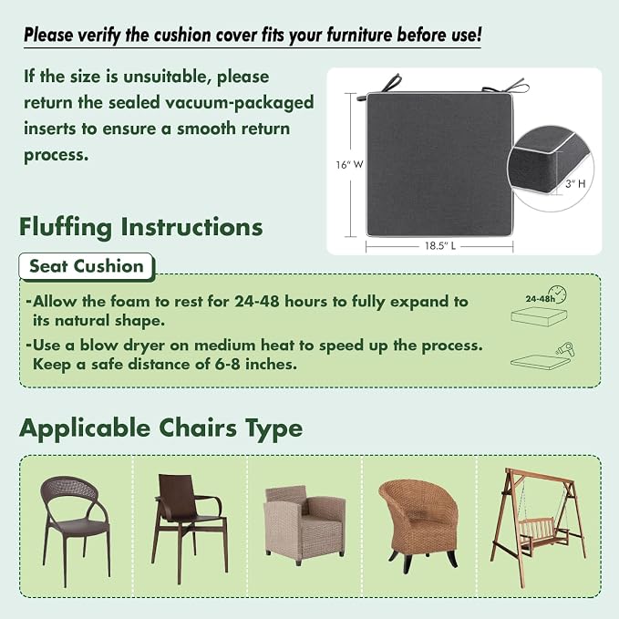 MIULEE Grey Outdoor Chair Cushions Set of 2, 18.5x16x3 Inch Waterproof Patio Seat Cushions for Outdoor Furniture Couch Sofa, 3 Year Color Fastness High Density Foam with Adjustable Ties