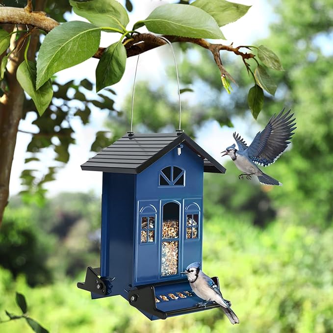 Birdkiss Bird Feeder Squirrel-Proof Outside: Country House Series for Hanging - Metal - 5LBs Seed - Weight-Activated for Outdoors - Large Capacity