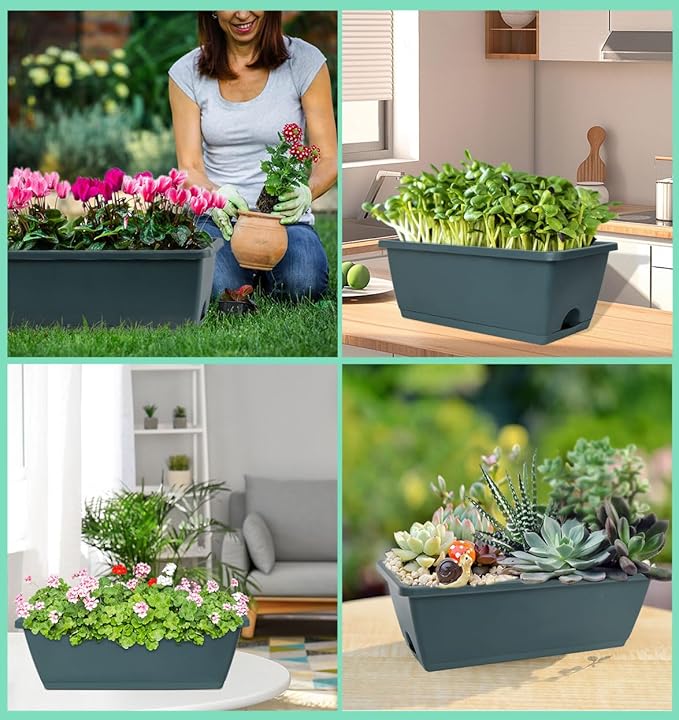 LOCONHA Window Box Planter, 7 Pack Plastic Vegetable Flower Planters Boxes 17 Inches Rectangular Flower Pots with Saucers for Indoor Outdoor Garden, Patio, Home Decor