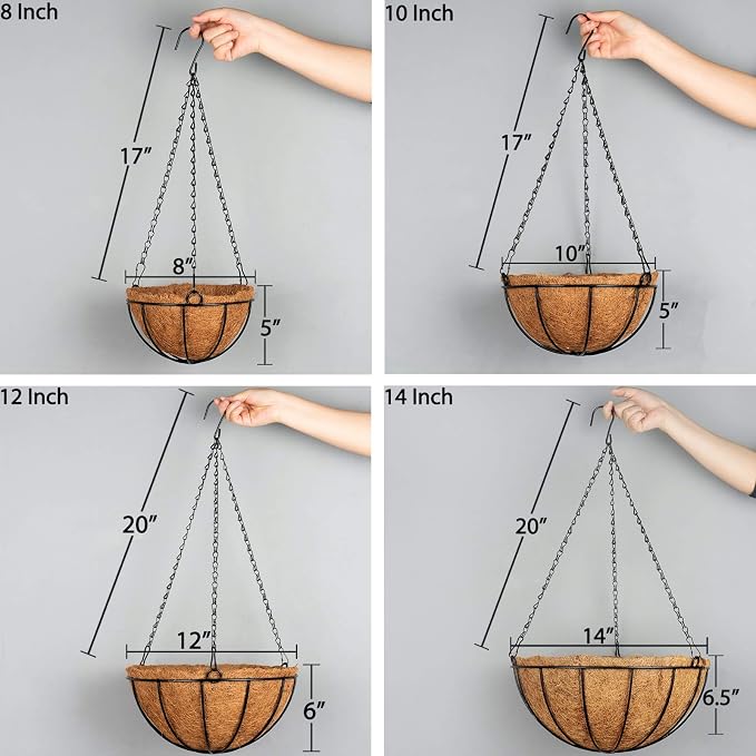 Kingbuy 12 Inch Metal Hanging Planter Basket with Coconut Liner Wire Plant Holder Watering Flower Baskets Pot Hanger Garden Decoration for Indoor Outdoor, 4 Pack