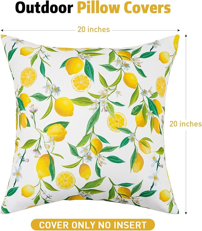 SquarePie Outdoor Pillow Covers 20x20 Inch Set of 2 - Waterproof Lemon Square Cushion Covers for Patio Garden Furniture, Summer Yellow Citrus Decorative Throw Pillow Cases for Couch Sofa Balcony Bench