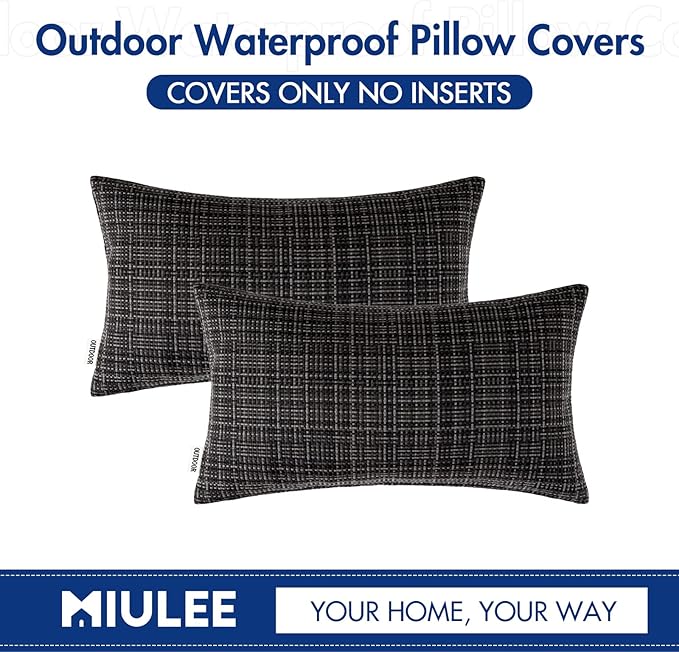MIULEE Outdoor Waterproof Throw Pillow Covers Decorative Farmhouse Water Resistant Cushion Covers for Tent Patio Garden Couch Sofa Pack of 2, 12x20 Inch Black