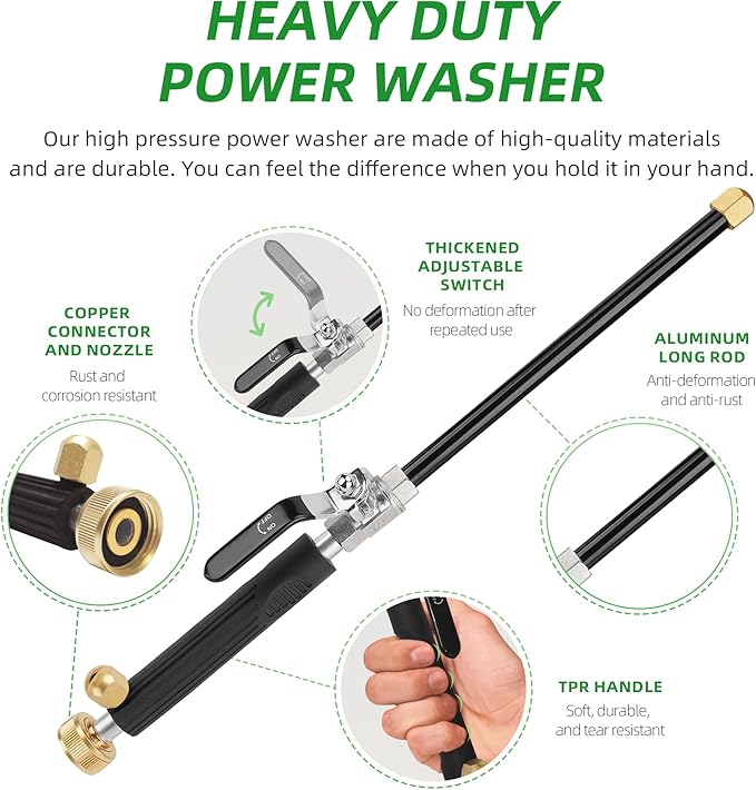 Jet Nozzle High Pressure Hose Nozzle for Garden Hose,Hydro Jet Nozzle Power Washer Wand for Garden Hose with 2 Different Nozzles and Quick Connectors for Car, Patio, Window Washing, Black