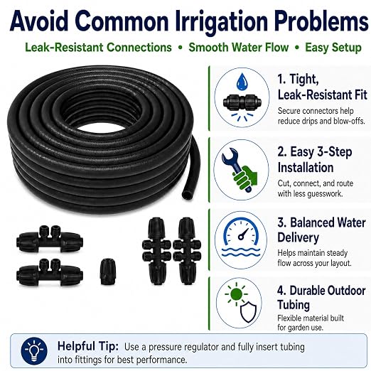 50 FT 1/2 Inch Drip Irrigation Tubing Kit:Premium Garden and Landscape Watering System-Drip Irrigation Hose with 2 Quick Connector 4-Way Connector,2 Quick Connector 6-Way Connector and Tube Cap