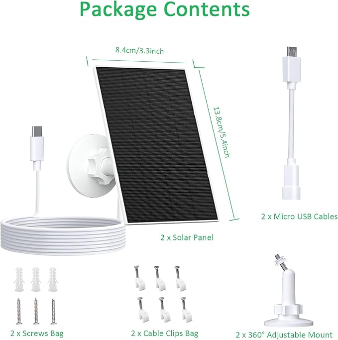 FUTUREZEN 2W Solar Panel for Security Cameras, 5V Solar Charger for Rechargeable Battery Cameras with Micro USB & USB-C Ports, IP65 Waterproof, 360° Adjustable Mount, 7.2 ft Cable (2 Pack, White)