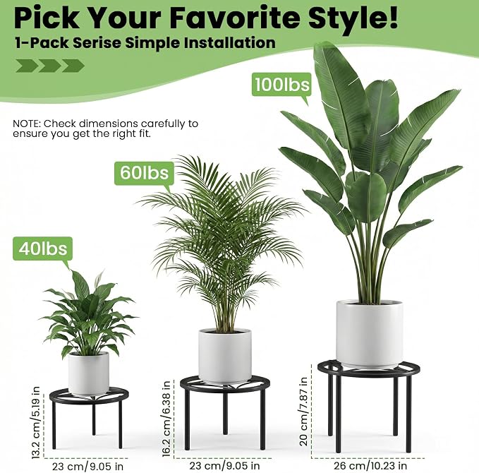 TOSKING Heavy Duty Metal Plant Stand – 120 lbs Capacity, 10.2" Modern Geometric Pattern Round Stand for Medium to Large Pots, 4 Adjustable Feet & Rustproof, Indoor/Outdoor, Black (10.2" D x 7.9" H)