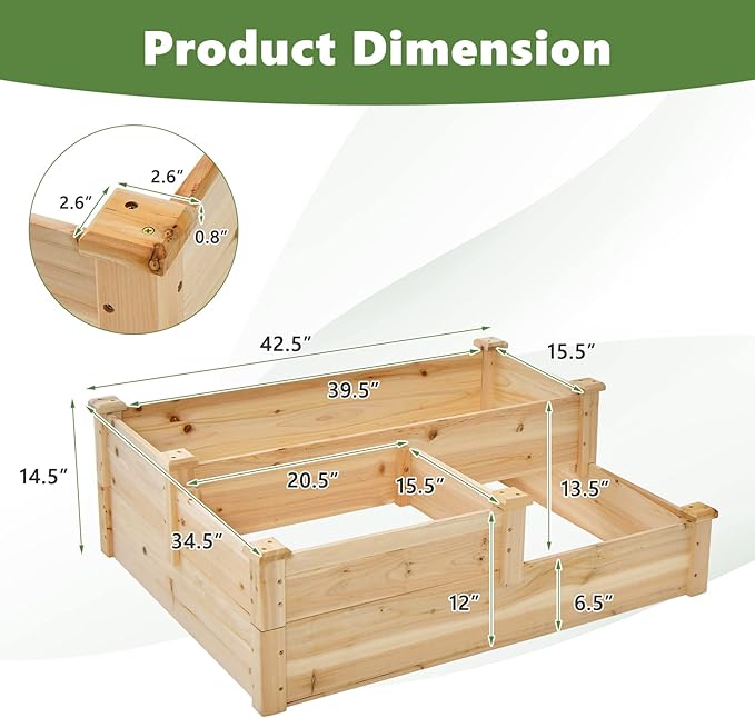 HAPPYGRILL 3-Tier Raised Garden Bed, Wood Elevated Flower Box with Open-Ended Base & Plug-in Connector, Outdoor Planter Raised Beds for Vegetables, Herbs & Fruits