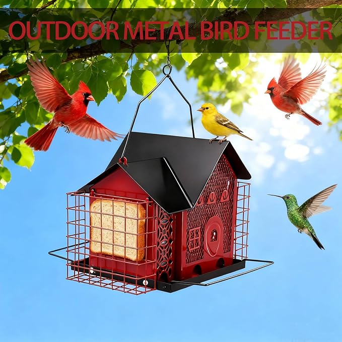 Outdoor Hanging Bird Feeder Large Capacity Durable and Sturdy Decorative Metal Bird Feeder Green and Black Two-Tone Waterproof Design with Sloped Tray Easy-Fill Wild Bird House (Red)
