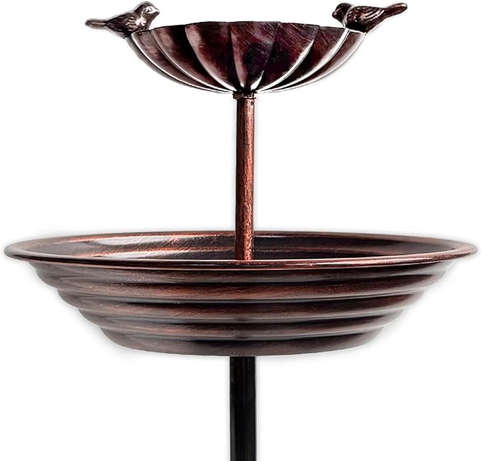 JOYBEE 38In Metal Double Bird Bathtub Stake for Outside, Vintage Freestanding Birdbaths, Bird Baths Feeder Bowl for Outdoors Garden Patio Yard Lawn Decor, Upgraded 5-Pronged Base (Brown