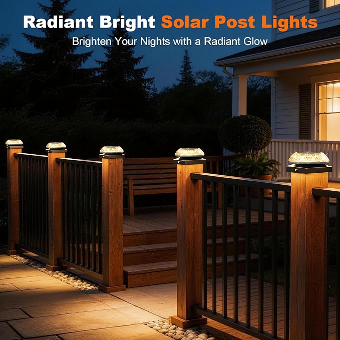 4x4 Solar Post Cap Lights 12 Pack: Fence Post Solar Lights with 3 Lighting Modes & Round Lampshade - Waterproof Outdoor Deck Post Light for Garden/Patio/Porch (Black)