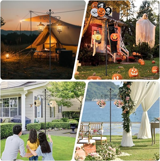 Bird Feeders Hanging Station, 196cm Wild Bird Feeder Poles and Hangers, Free Standing Feeding Station for The Garden, Heavy Duty Metal Double Shepherds Crooks Hooks for Lights Stand, Black, 2 Pack