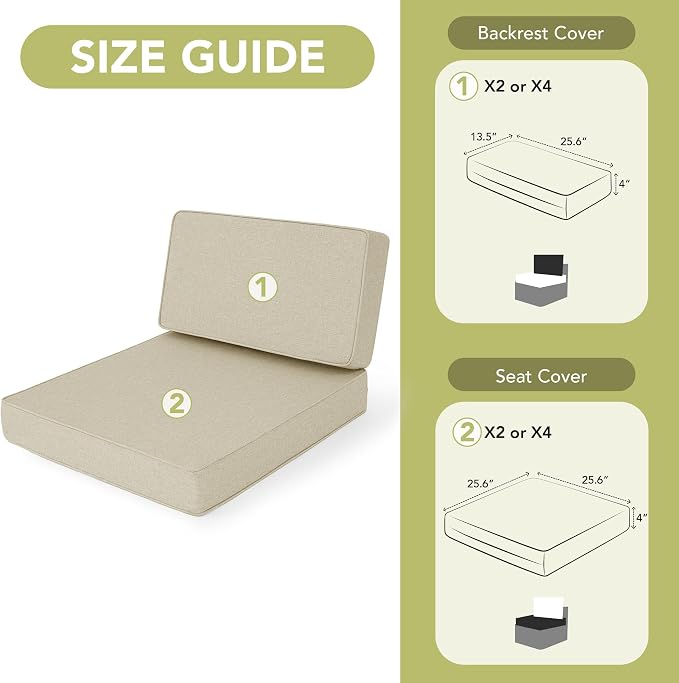 Outdoor Furniture Cushions 25.6x25.6 Inch, Deep Seat Patio Couch Cushions Replacement for Sectional Conversation Set Sofa Loveseat, Water Resistant, Removable Cover, Set of 2, Beige