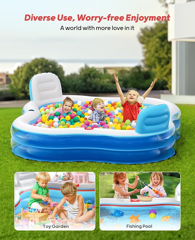 QPAU Inflatable Swimming Pool with 2 Seats and Backrests, 80" L x 80" W x 27" D Large Full-Sized Family Pools for Kids and Adults for Backyard, Garden, Outdoors, Clear Blue