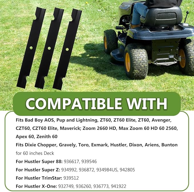 038-6050-00 High Lift Mower Blades Set for Bad Boy Exmark Gravely Hustler Toro 60" Lawn Mower, Replaces 038-2007-00 038-6060-00 038-6002-00, Compatible with ZT60 CZT60 (3PACK)
