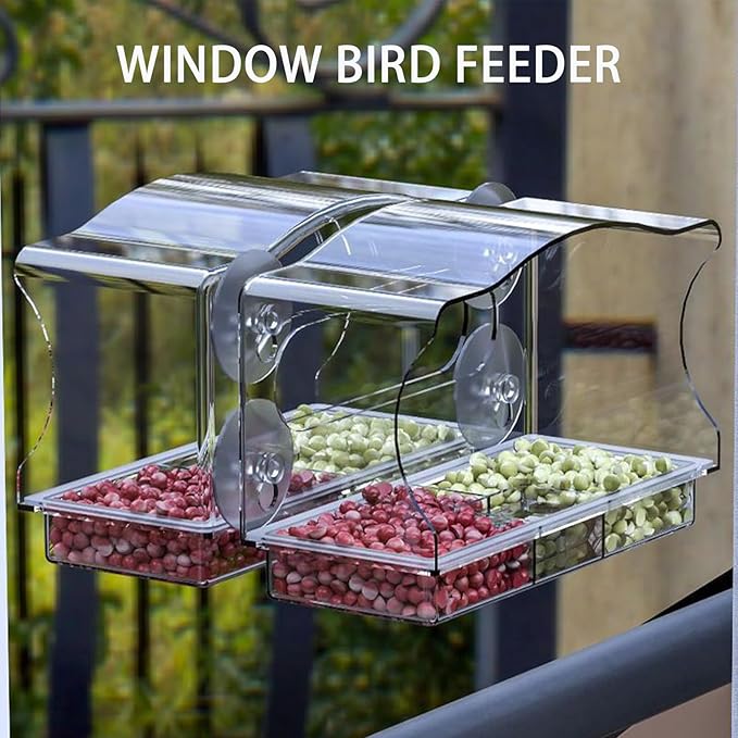 Window Bird Feeder Viewing Box - 10x6 Inches Clear Bird Feeder for Window with 4 Strong Suction Cups, 3 Compartment Trays, Birdfeeders Outside Hanging for Cardinal, Robin, Blue Jay