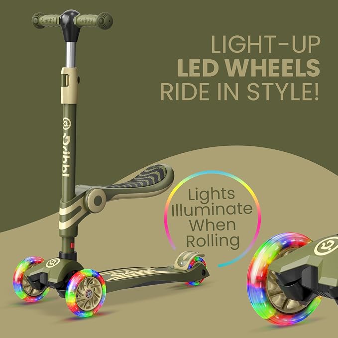 Army 3 Wheel Scooter with Seat for Kids, Light-Up Wheels, Adjustable Lean to Steer Handlebar and Seat, Smooth Wheels, Wide No-Slip Deck, Rear Foot Brake, Toddler Outdoor Toys for Ages 2+