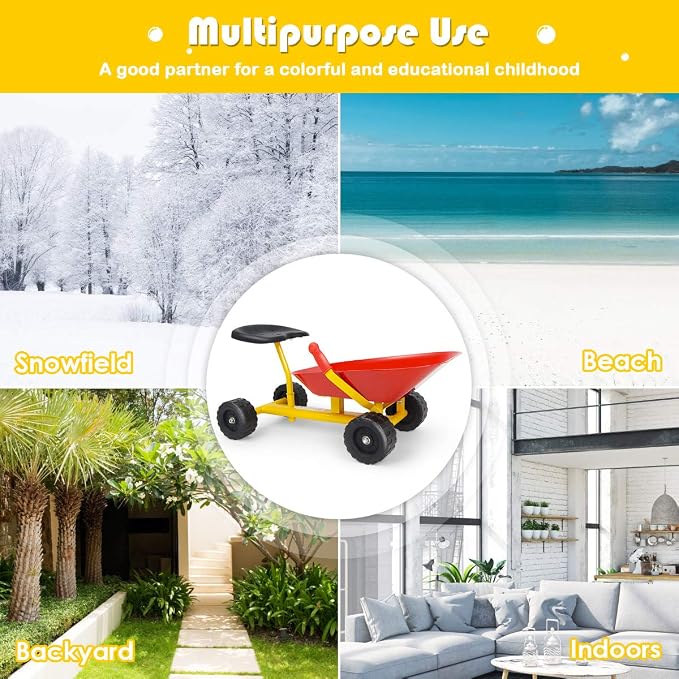 HONEY JOY Ride On Sand Dumper for Kids, Outdoor Garden Dump Cart Wheelbarrow w/8 Inch Wheels, Heavy Duty Steel Sit On Pulling Wagon Play Toy for Boys Girls