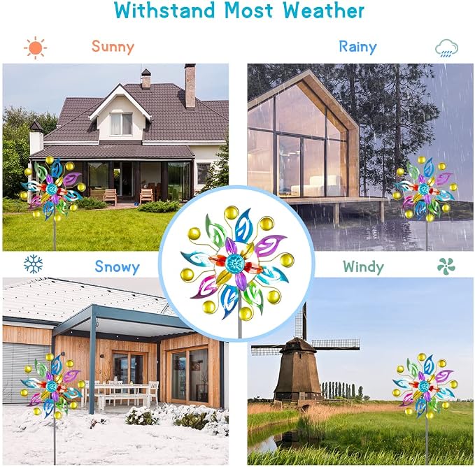 DREAMYSOUL 2 Packs Wind Spinners for Yard and Garden, Colorful Pinwheel Metal Wind Sculpture Outdoor Yard Art for Garden, Patio, Lawn Decor (11" Dia * 37.8" H)