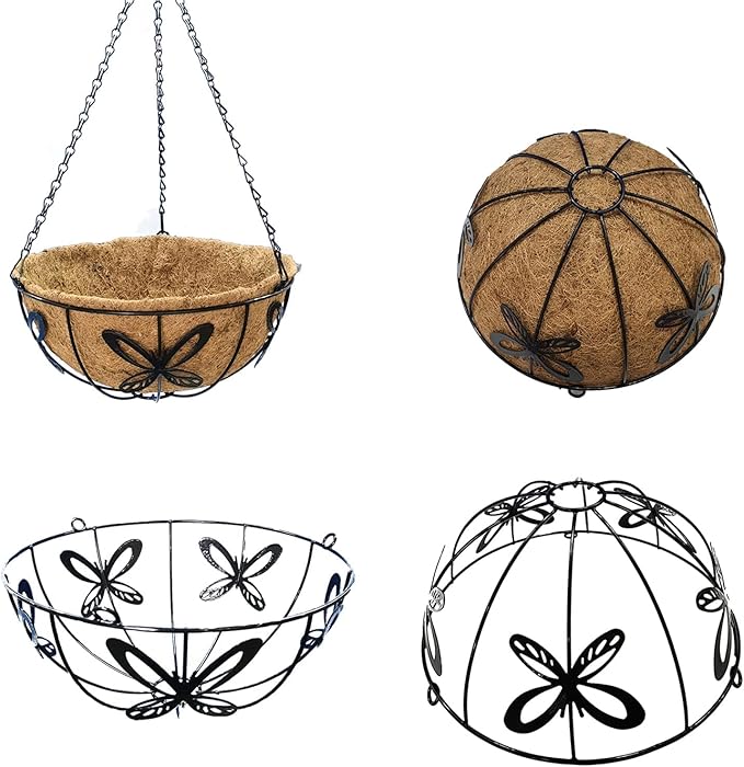 EIMQUVW Outdoor Metal Hanging Planters Basket (4pack, 14 inch) Hanging Baskets for Plants Chain Round Wire Plant Holder with Coco Fiber Liners for Garden, Patio, Deck, Porch(Butterfly)