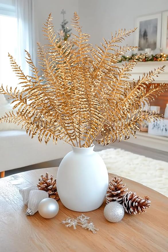 GnFlus 30” Artificial Gold Ferns Leaves Stems Christmas Long Branch 3Pcs Fake Leave Flower Tall for Christmas Tree DIY Xmas Wreath Garland Arrangment Vase