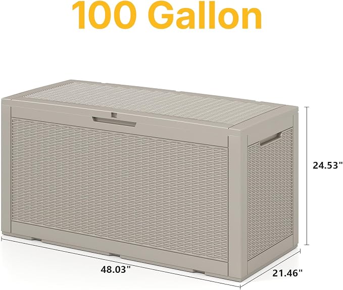 Skepphlay 100 Gallon Deck Box Outdoor Waterproof, Rattan Outdoor Storage Box, Patio Storage Boxes for Cushions, Pillow, Garden Tools, Equipment