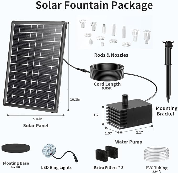 Antfraer 8W Solar Fountain Pump Built-in 3600mAh Battery & LED Lights, Solar Powered Water Pump with Double-Layer Nozzle & 5ft Tubing, Solar Water Fountain For Bird Bath Pond Garden DIY Water Features