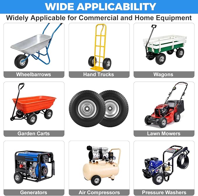 (2-Pack) RRQ 4.10/3.50-4 Flat Free Tire and Wheel, 10" Heavy Duty Solid Tire with 5/8" Bearings, 2.2" Offset Hub, One-Piece Welded Rims, Turf Tread, for Hand Truck, Dolly, Garden Cart, Wagon and More