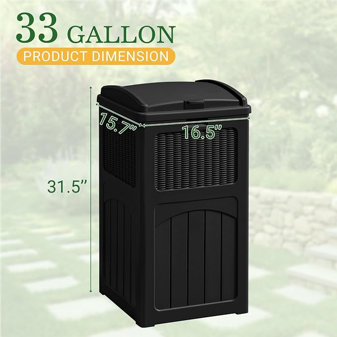 Greesum 33 Gallon Outdoor Trash Can with Lid, Waterproof Resin Garbage Bin for Hideaway, Deck, Patio, Black
