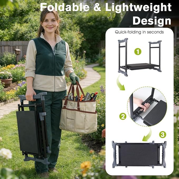 Garden Kneeler and Seat with Umbrella, 2-in-1 Foldable Gardening Stool with Adjustable Bracket, Detachable Tool Bags, Heavy Duty Kneeling Pad for Gardening (Brown)