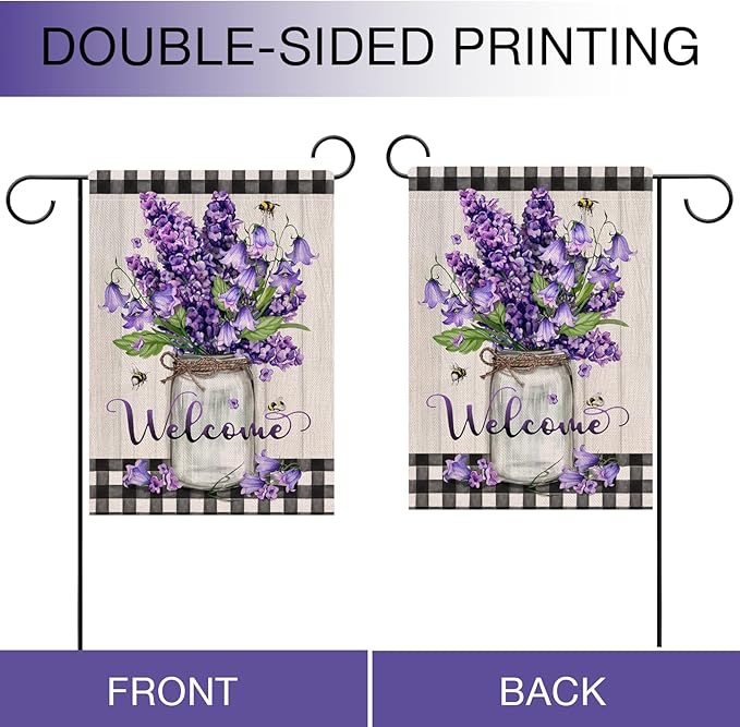 Hzppyz Welcome Spring Summer Floral Flower Garden Flag Double Sided, Hyacinth Canterbury Bells Decorative Yard Outdoor Home Small Decor, Mason Jar Plaid Farmhouse Outside House Decoration 12 x 18