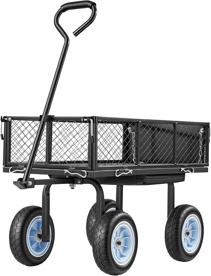 VEVOR 500 LBS Steel Garden Cart with Work Seat, Heavy Duty Garden Wagon Cart on Wheels, Outdoor Metal Utility Yard Wagon Gardening Stool with 10inch Flat Free Tires, Tool Tray & Adjustable Handle