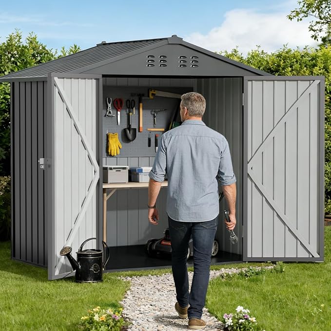 COMHOMA Shed Storage Outdoor Metal Windowed Lockable Solar Motion Light Adjustable Weatherproof Ventilated Backyard Garden Utility Workshop(Grey,6'*4')