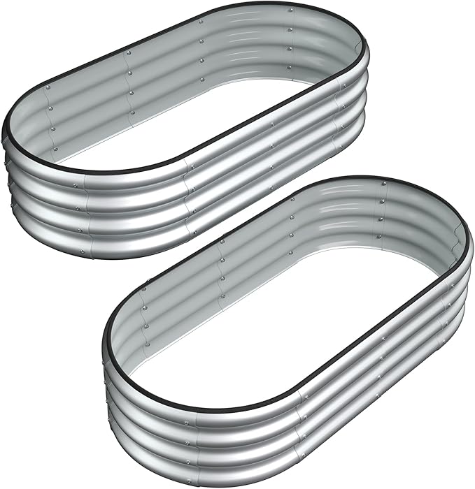 2PCS 4x2x1 FT Oval Metal Raised Garden Bed Kit, Elevated Garden Planter Box Outdoor, Trough Planter for Outdoor Plants, Flower, Vegetables, Fruit, Herbs (Silver)