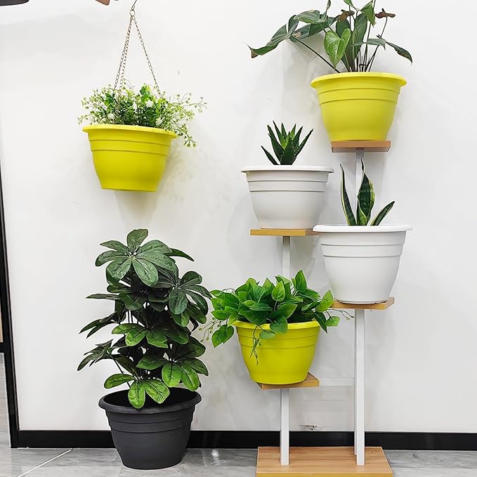 RooTrimmer 10 Inch Plant Pots Set of 5,Lightweight Plastic Planters with Drainage Holes & Plugs,Durable Plant Containers for Indoor Outdoor Houseplants,Flowers,Patio & Garden(Yellow)