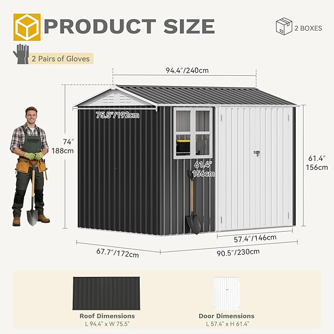 DWVO 8x6ft Metal Outdoor Storage Shed with Window, Lockable Tool Storage Sheds, Oversized Steel Garden Sheds with Sloped Roof for Backyard, Patio, Garage, Lawn (Gray + White)