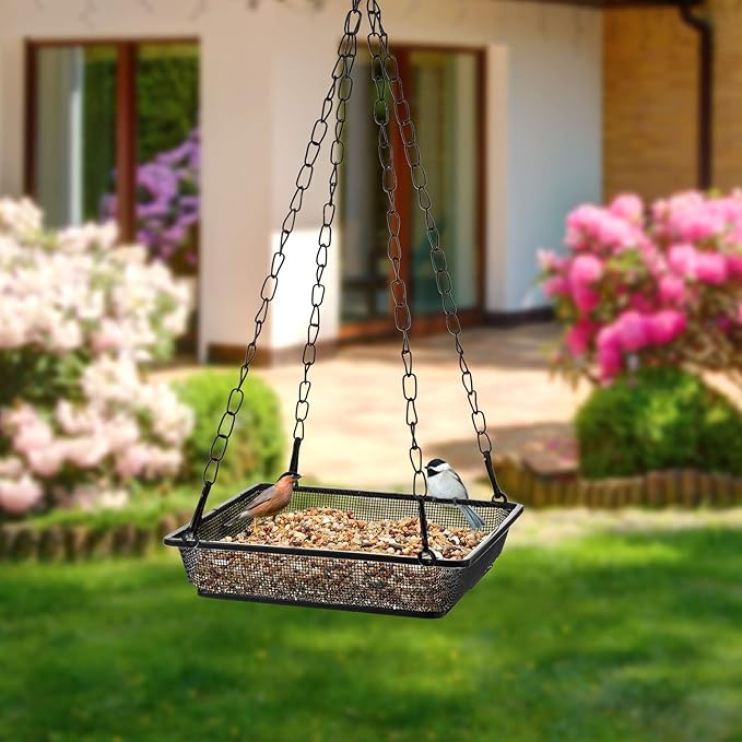 2 Pieces Metal Hanging Bird Feeder Tray, Mesh Bird Feeding Seed Tray Platform with Chains Outdoor Garden Decoration for Hanging Wild Backyard(Black)