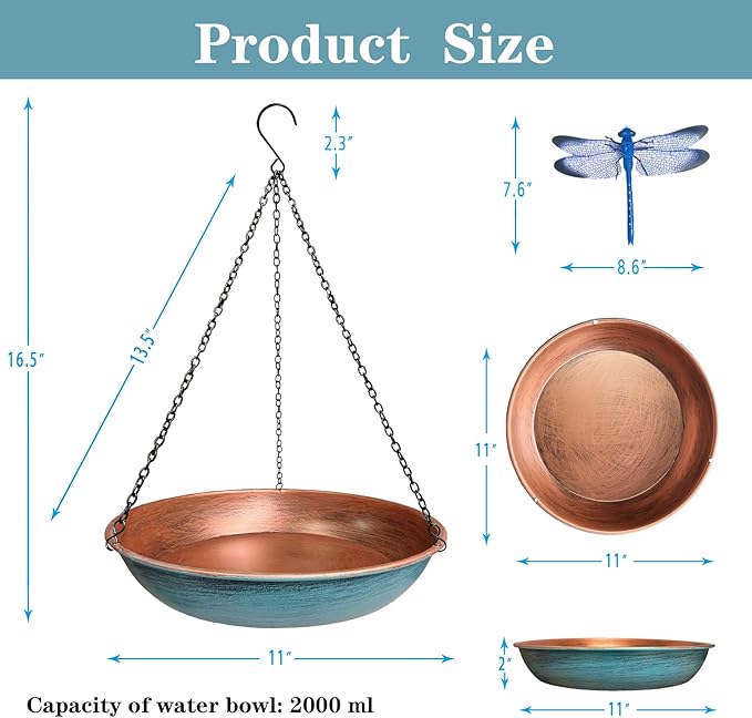 Hanging Bird Bath for Outdoors,11Inch Double Patchwork Birdbath Bowl Window Birds Feeder with 13.5 in Rust-Proof Black Chains Metal Hanging Birds Feeder for Garden Backyard Decor Copper Blue