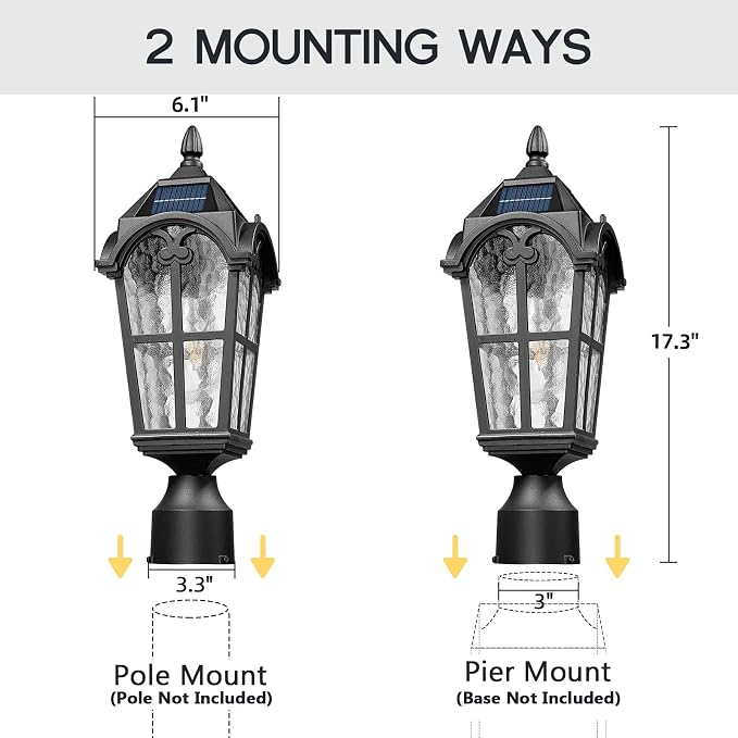 Emliviar 2 Pack Waterproof Solar Post Lamps in Black Finish for Pathway, 17.3'' Dusk to Dawn Garden Patio Post Lights Includ LED Bulbs with Water Grain Glass Shade, YXE302P-2PK SL BK