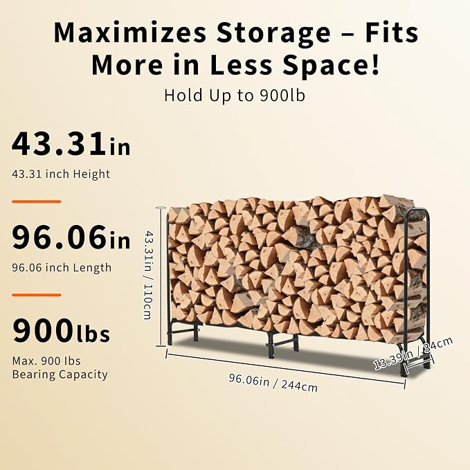 Garvee Heavy Duty 8 ft Firewood Rack Outdoor with Cover Large Steel Log Holder for Patio/Backyard, Weatherproof Wood Storage with Ventilated Design, Easy Assembly No Tools Needed