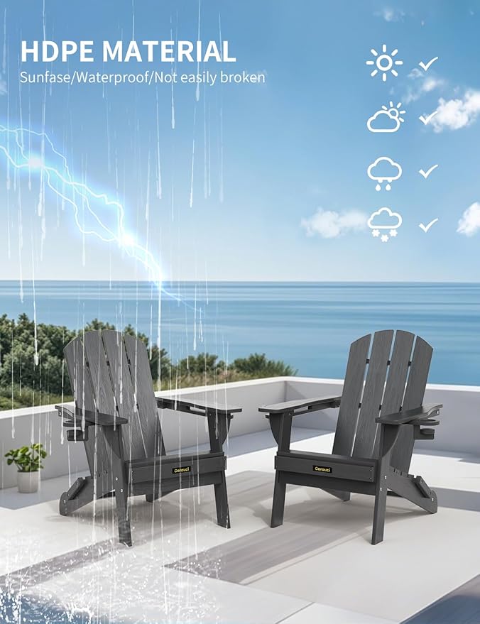Folding Adirondack Chair Set of 4, Wooden Textured Plastic Adirondack Chairs with 2 Cup Holder, Weather Resistant HDPE Fire Pit Chair, Outdoor Patio Chairs for Garden, Backyard, Lawn, Deck, Grey