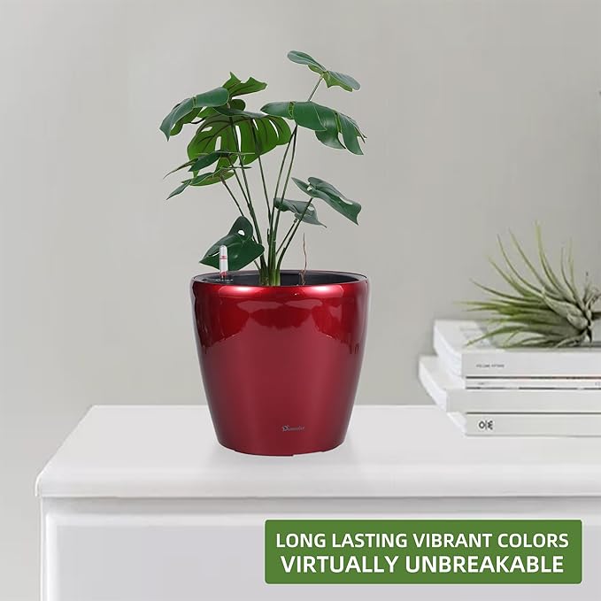 Dexceder 11x10 Self Watering Planter (Red High Gloss) | Inner Pot Design, Thickened Table Flower Plant Pot with Water Level Indicator Indoor Outdoor