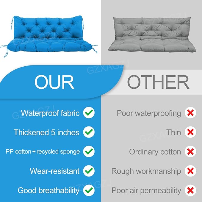 Porch Swing Cushions 5" Thicken Waterproof Outdoor Swing Cushions 3 Seater Replacement with Backrest and Ties Patio Swing Cushion for Outdoor Furniture Bench Backyard Lawn Garden(Peacock Blue)