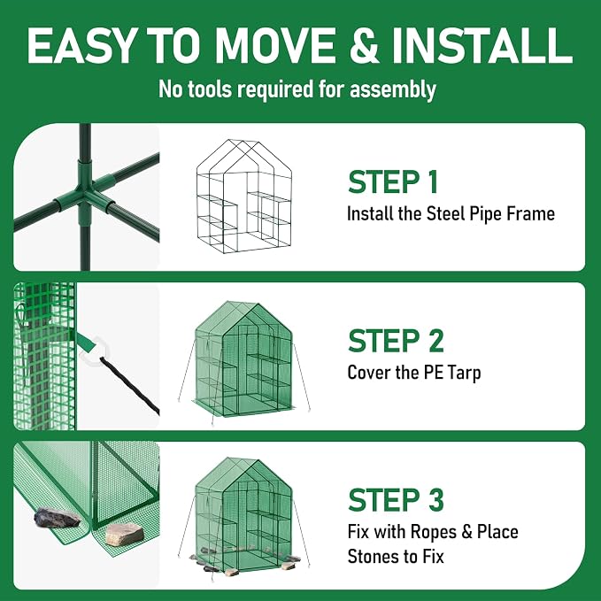 56×56×78Inch Walk-in Greenhouse for Outdoors with Screen Windows, Heavy Duty Small Plant House with Thicken PE Cover and Steel Shelves, Portable Green House for Outside Garden Winter, Green